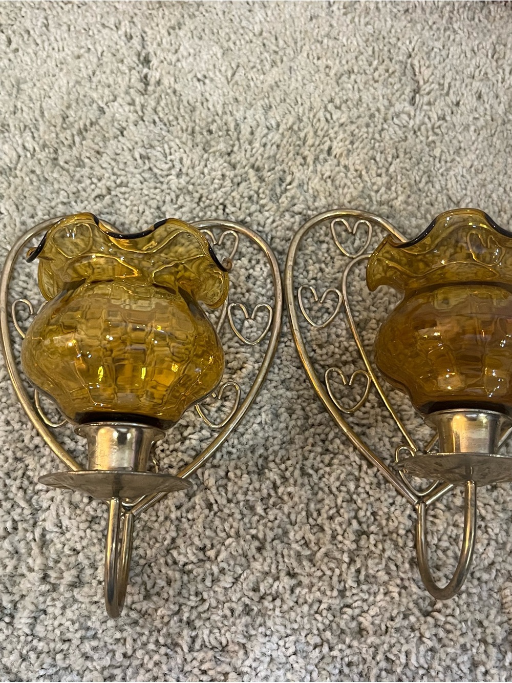 Home Interiors Amber Glass Heart Wall Sconces with Ruffled Shades